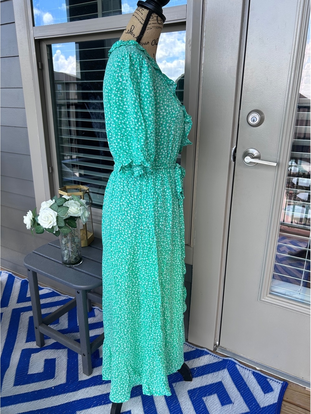 Old Navy Green Floral Wrap Midi Dress Women’s Medium Ruffle V-Neck Casual - Picture 8 of 11